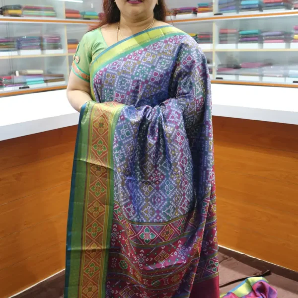 Greyish Blue & Wine - SMPT9 - Semi Patola Silk Saree