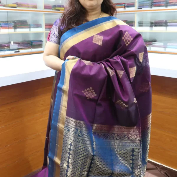 Burgundy & Peacock Blue - PRSC62 - Pure Handloom Silk Cotton Saree