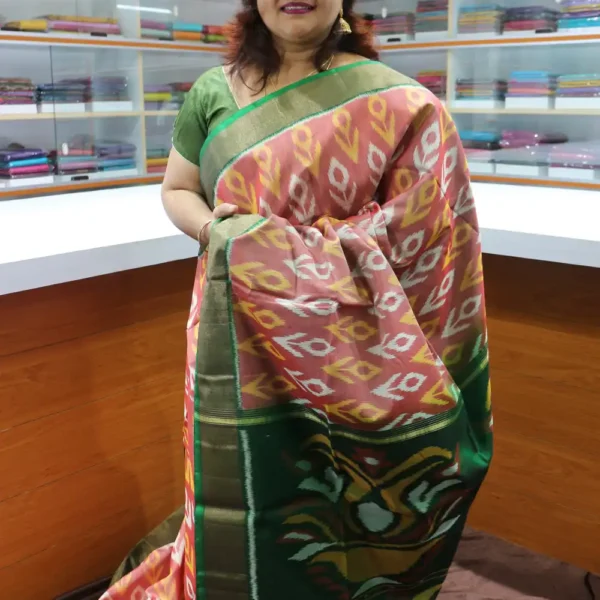 Peach & Green - PRSC66 - Pure Pochampally Silk Cotton Saree