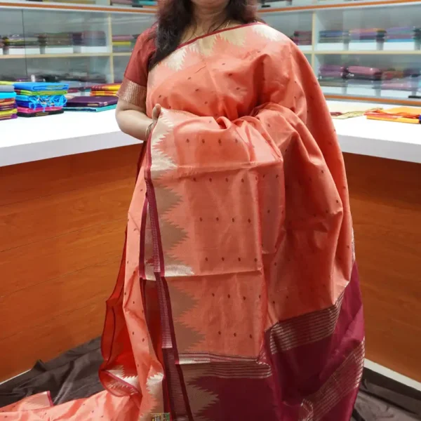 Peach & Maroon - SRSK12 - Semi Raw Silk Saree