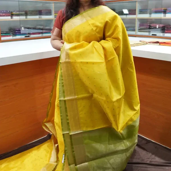 Lemon Yellow & Green - SRSK7 - Semi Raw Silk Saree