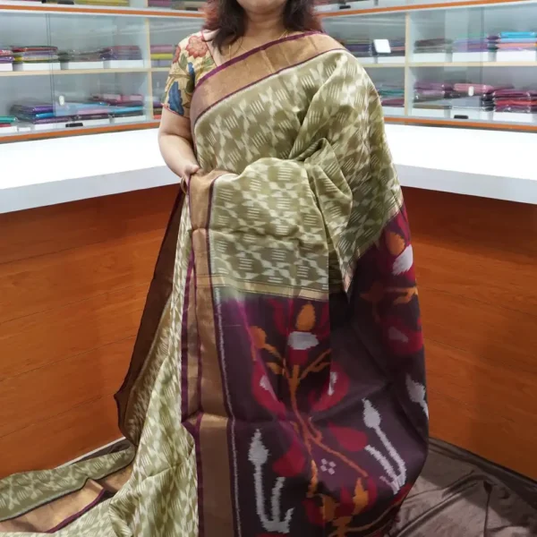 Elaichi Green & Burgundy - PRSC100 - Pure Pochampally Silk Cotton Saree
