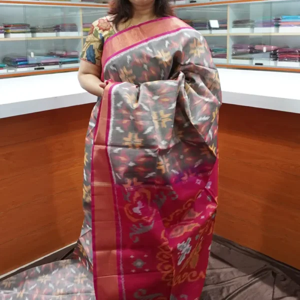 Grey & Rani Pink - PRSC101 - Pure Pochampally Silk Cotton Saree