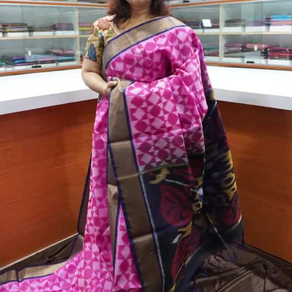 Pink & Nevy Blue - PRSC102 - Pure Pochampally Silk Cotton Saree