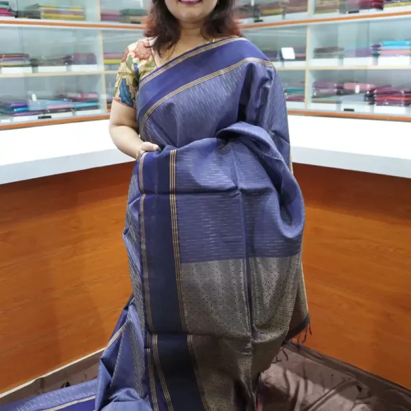 Grey & Blue - PRSC106 - Pure Handloom Silk Cotton Saree