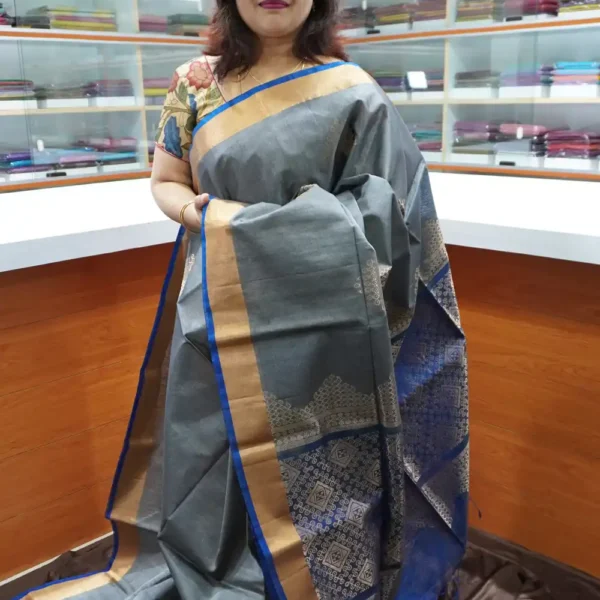 Grey & Blue - PRSC110 - Pure Handloom Silk Cotton Saree