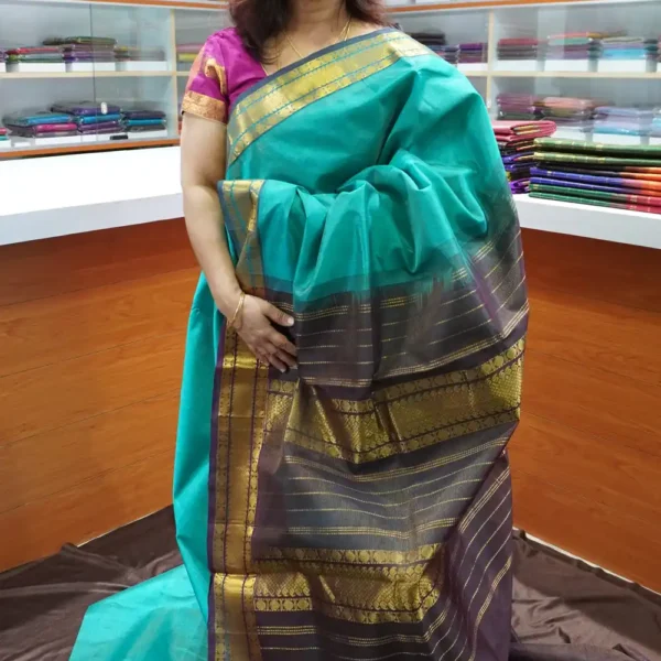 Turquoise Blue & Deep Wine Vairaoosi - PRSC127 - Pure Handloom Silk Cotton Saree