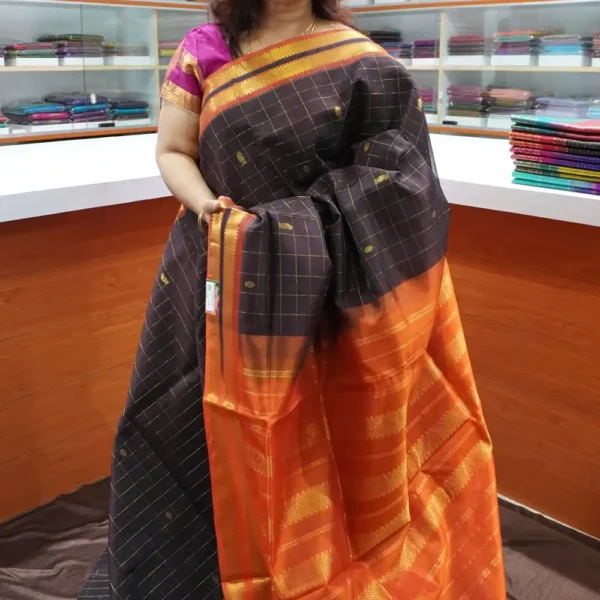 Coffee Brown & Orange Jari Checks - PRSC129 - Pure Handloom Silk Cotton Saree