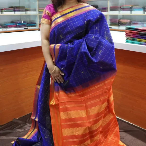 Blue & Orange Jari Checks - PRSC130 - Pure Handloom Silk Cotton Saree