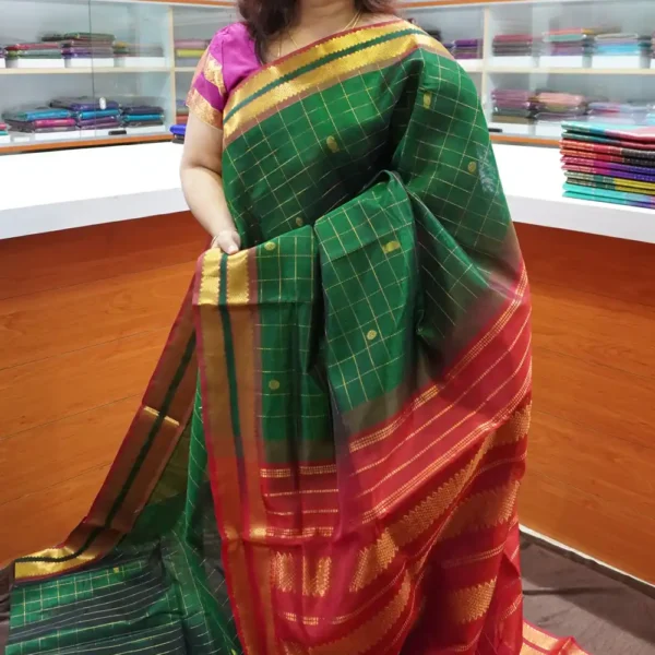 Bottle Green & Red Jari Checks - PRSC131 - Pure Handloom Silk Cotton Saree