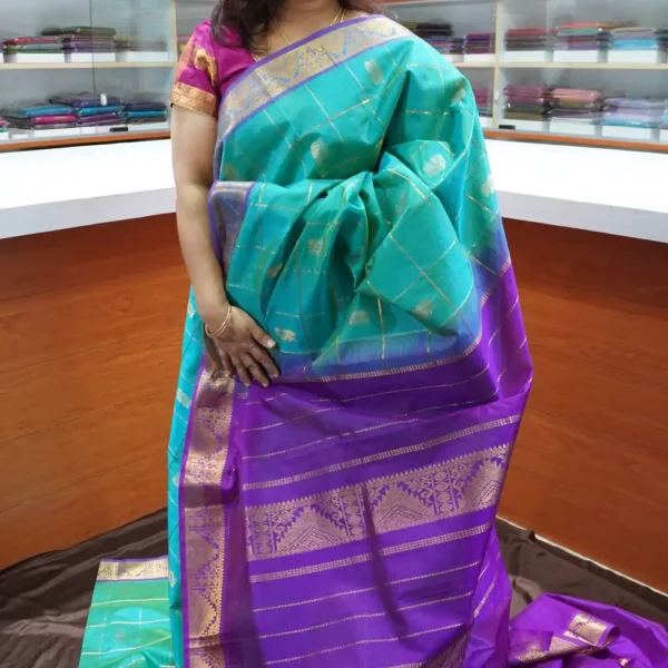 Turquoise Blue & Dark Violet Jari Checks - PRSC136 - Pure Handloom Silk Cotton Saree