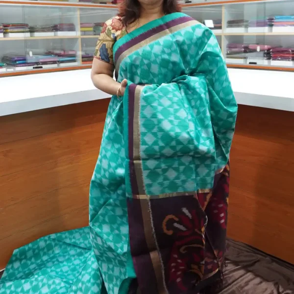 Blue & Burgundy - PRSC91 - Pure Pochampally Silk Cotton Saree