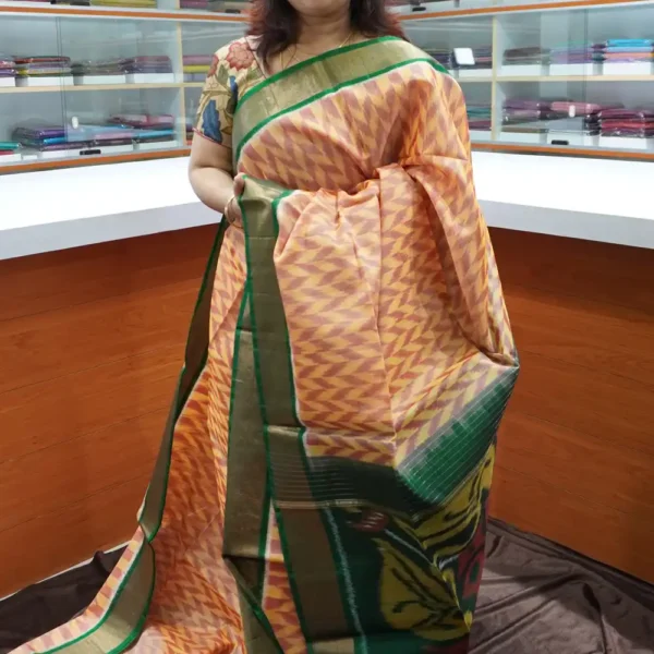 Orange & Green - PRSC93 - Pure Pochampally Silk Cotton Saree