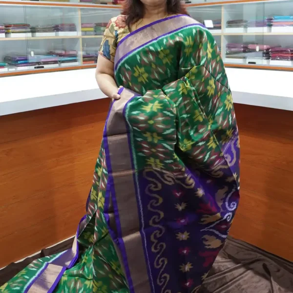 Bottle Green & Blue - PRSC94 - Pure Pochampally Silk Cotton Saree