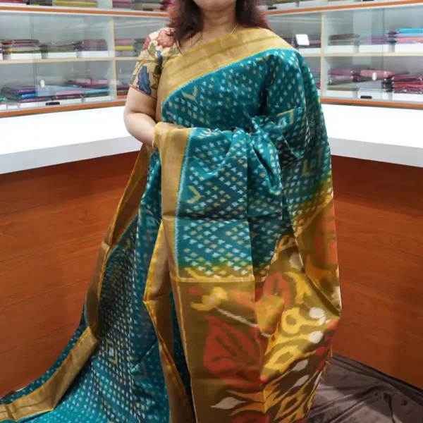 Peacock Blue & Mehandi Green - PRSC95 - Pure Pochampally Silk Cotton Saree