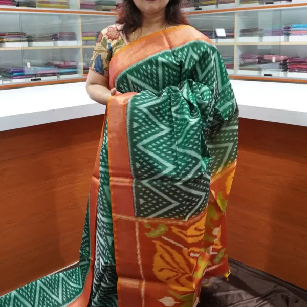 Green & Orange - PRSC98 - Pure Pochampally Silk Cotton Saree