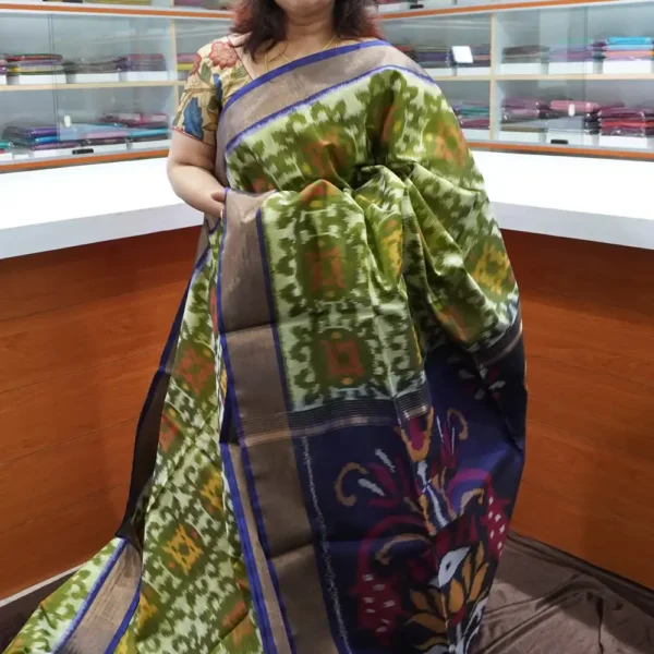 Light Green & Blue - PRSC99 - Pure Pochampally Silk Cotton Saree