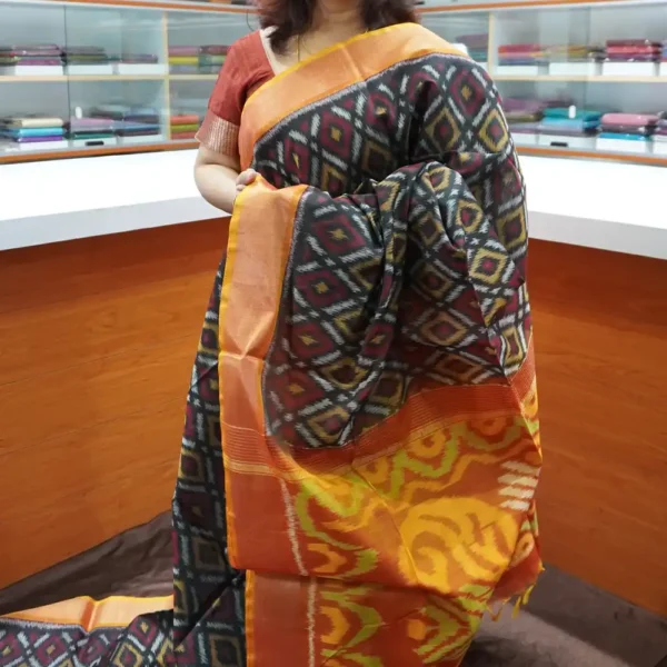 Black & Rust Orange - PRSC139 - Pure Pochampally Silk Cotton Saree