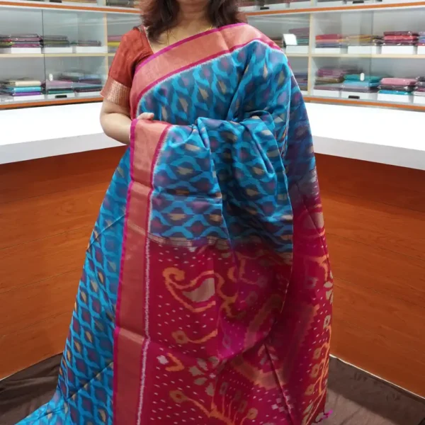 PRSC148 - Blue & Pink - Pure Pochampally Silk Cotton Saree