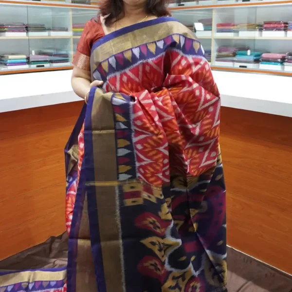 Red & Nevy Blue - PRSC151 - Pure Pochampally Silk Cotton Saree