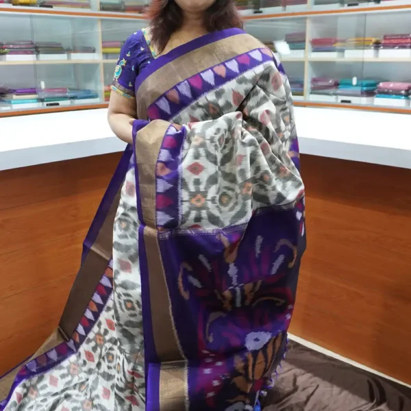 White & Purple - PRSC165 - Pure Pochampally Silk Cotton Saree