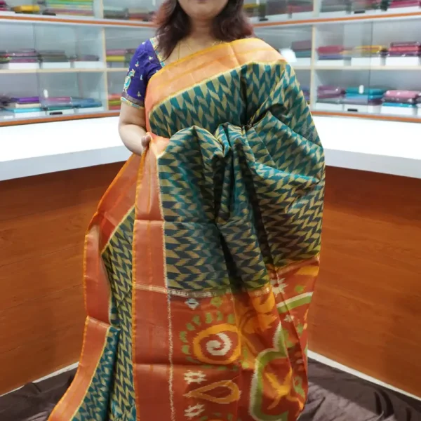 Peacock Blue & Rust Orange - PRSC166 - Pure Pochampally Silk Cotton Saree