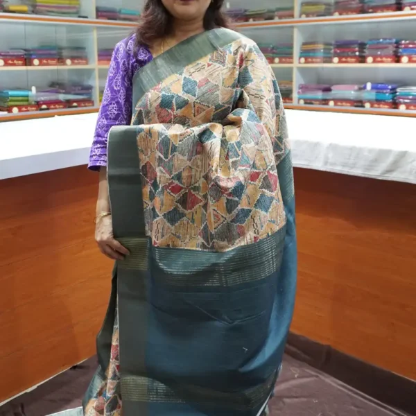 Peach & Greyish Blue - OFF15 - Semi Tussar Silk Saree