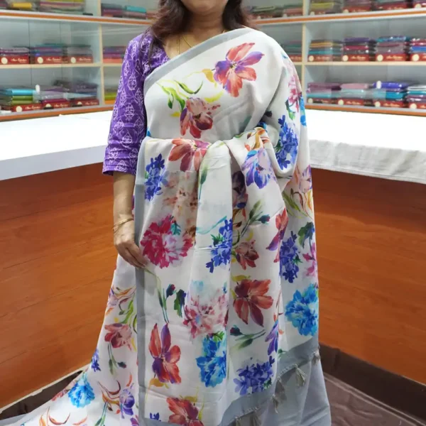 White & Grey - OFF16 - Semi Linen Saree