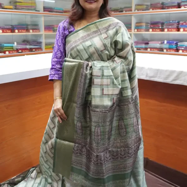 Green - OFF6 - Semi Printed Silk Saree