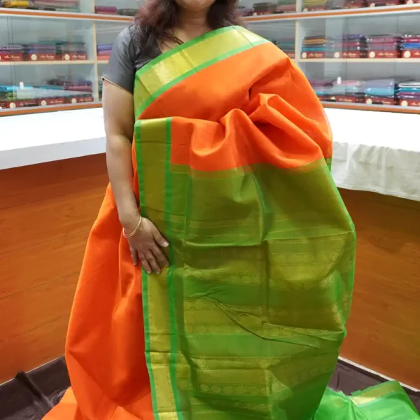 PRSC225 - Orange & Green - Pure Handloom Silk Cotton Saree