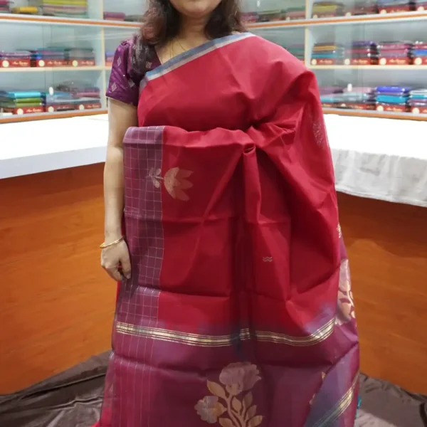 Red & Blue  - PRSC237 - Pure Handloom Silk Cotton Saree