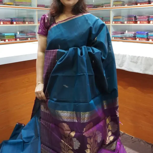 Peacock Blue & Dark Purple  - PRSC240 - Pure Handloom Silk Cotton Saree