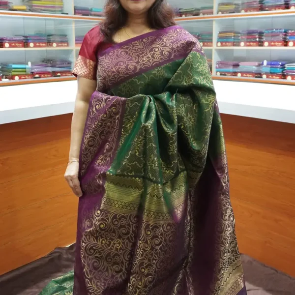 Bottle Green & Burgundy  - PRSC243 - Pure Handloom Silk Cotton Saree