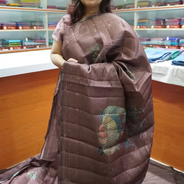 Chocolate Brown - PRTS4 - Printed Tussar Silk Sarees