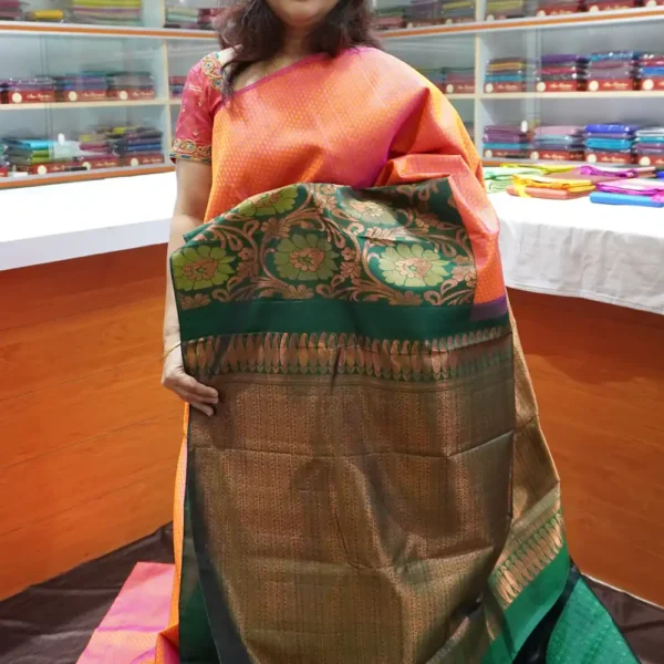 Orangish Pink & Green – PRSK148 – Pure Kanchipuram Silk Saree