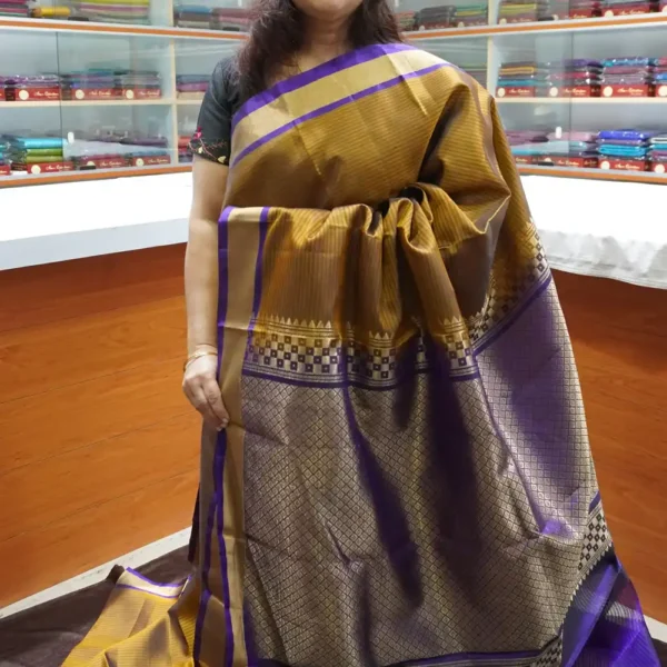 Mehandi Green & Dark Purple - PRSK161 - Pure Kanchipuram Soft Silk Saree