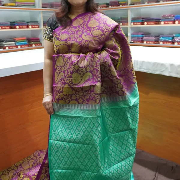 Purple & Teal Blue - PRSK188 - Pure Kanchipuram Soft Silk Saree