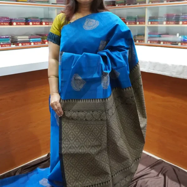Blue & Dark Grey - SSC10 - Semi Silk Cotton Saree