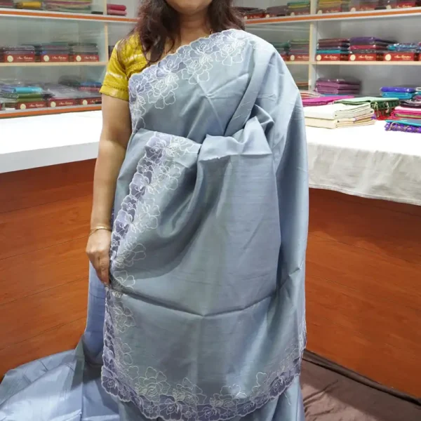Greyish Blue - TUEM8 - Tussar Embroidery Sarees