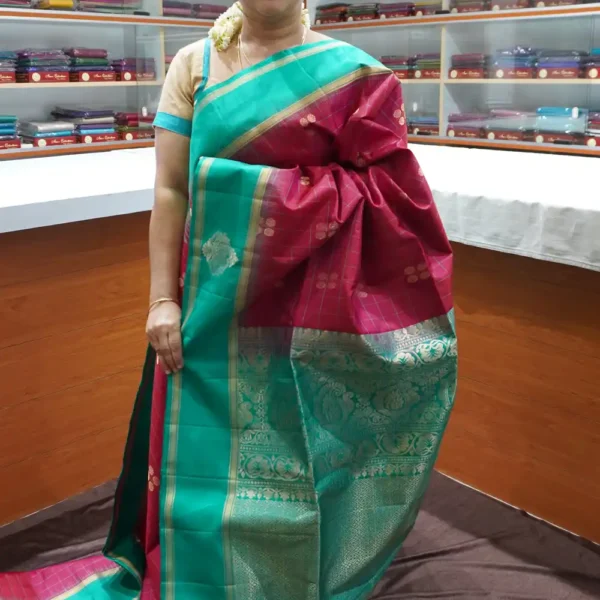 Dark Maroon & Rama Green - PRSK203 - Pure Kanchipuram Soft Silk Saree