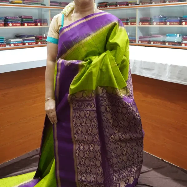 Parrot Green & Dark Purple - PRSK205 - Pure Kanchipuram Soft Silk Saree