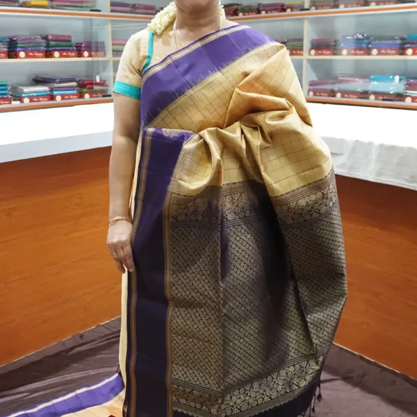 Sandal & Dark Purple - PRSK206 - Pure Kanchipuram Soft Silk Saree