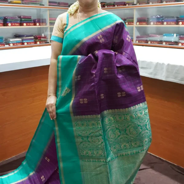 Dark Purple & Rama Blue - PRSK207 - Pure Kanchipuram Soft Silk Saree