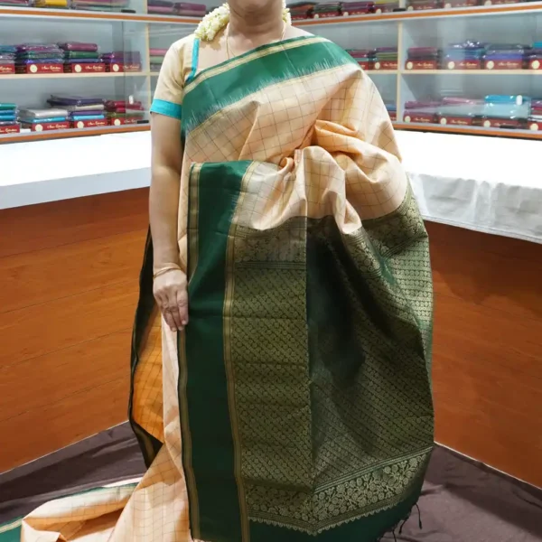 PRSK208 - Light Peach & Bottle Green - Pure Kanchipuram Soft Silk Saree