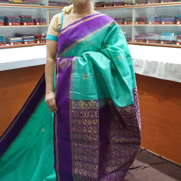 Turquoise Blue & Dark Violet - PRSK209 - Pure Kanchipuram Soft Silk Saree