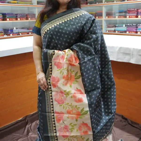 Black - OFF18 - Printed Tussar Silk Saree