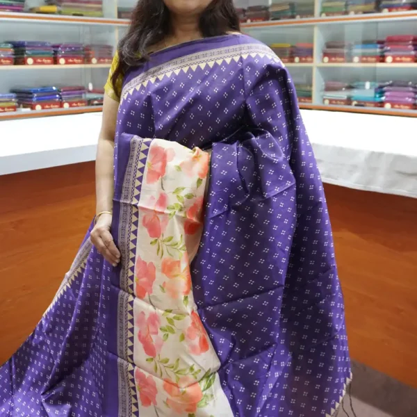 OFF27 - Dark Violet - Printed Tussar Silk Saree