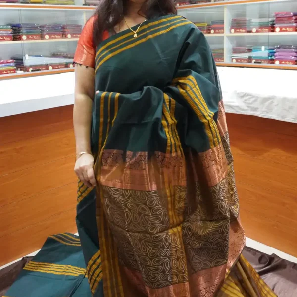 OFF34 - Green & Mehandi Green - Pure Handloom Silk Cotton Saree