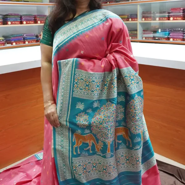 OFF39 – Pink & Blue – Semi Tussar Silk Saree