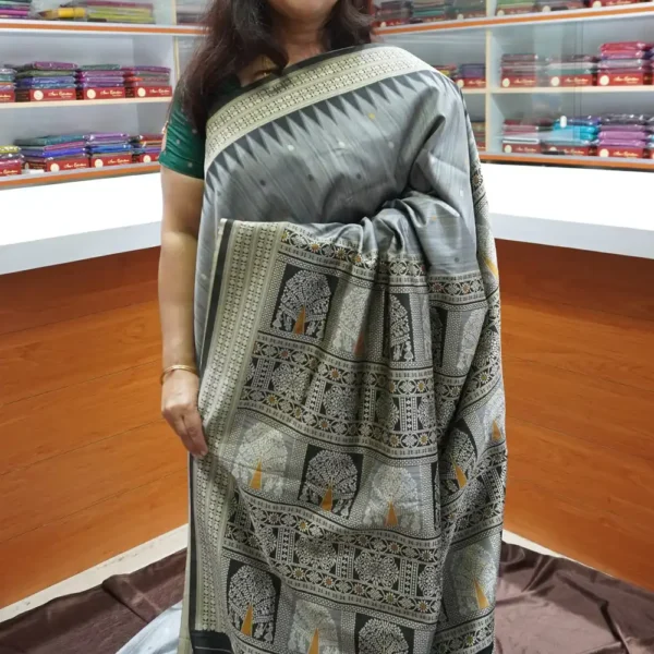 OFF44 – Grey & Black – Semi Tussar Silk Saree